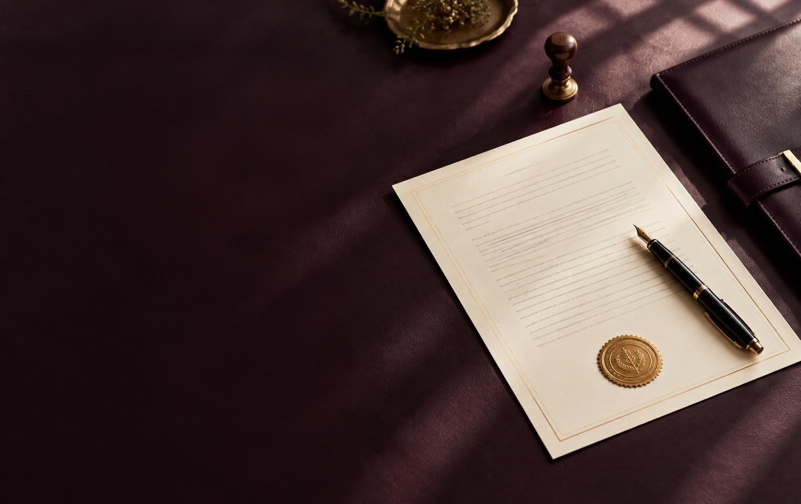 Notary seal, pen, and document arranged on a plum desk
